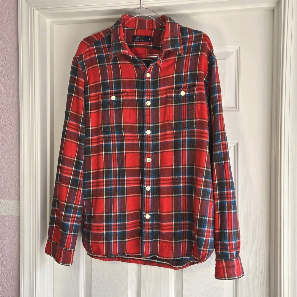 Polo Ralph Lauren‎ Plaid Flannel Shirt Chest Pockets Size L Button Down Red Blue